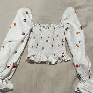 Reformation Tangerine Fruit Shirred Long Sleeve Top XS